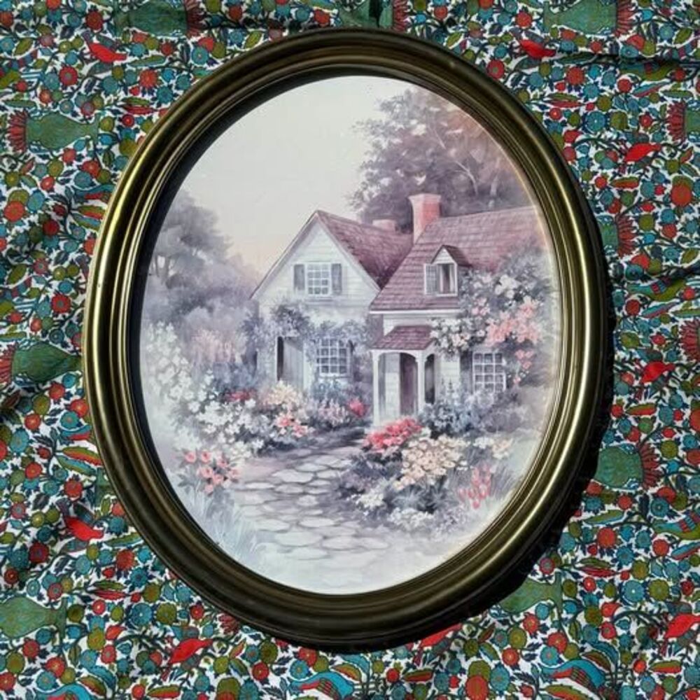 Oval Framed Cottage Garden Watercolor Print